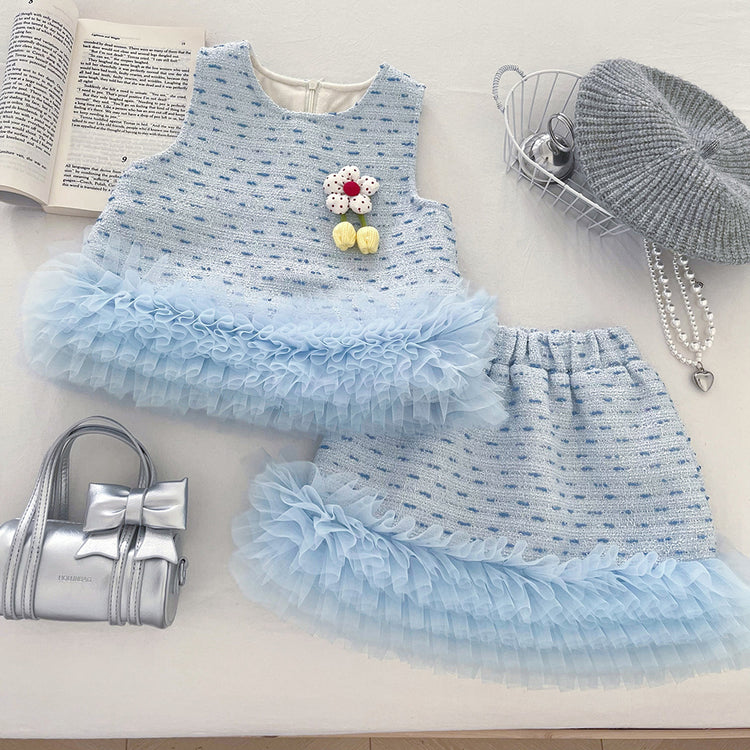 Girls' 3D Floral Mesh Lace Vest Skirt Two-piece Set