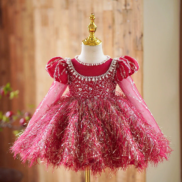 Luxurious Baby Girl Sequins Fluffy Dress Toddler Pageant Birthday Princess Dress