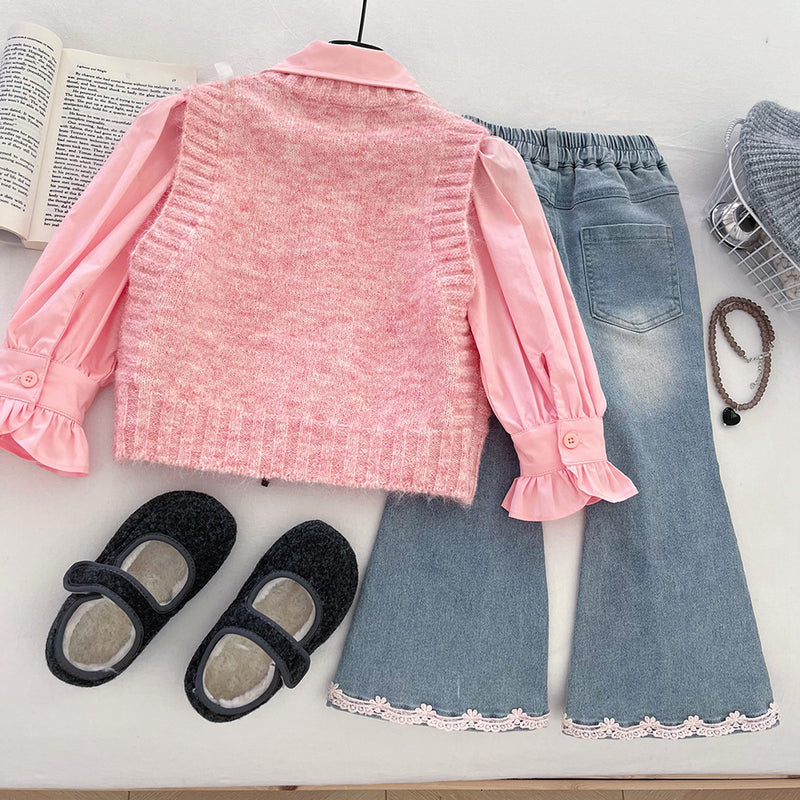 Baby Girl Vest Shirt and Flared Jeans Three-Piece Set