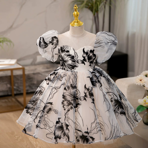 Elegant Baby Girls Ink Pattern Puff Sleeves Square Neck Princess Dress Toddler Flower Girl Puff Dress