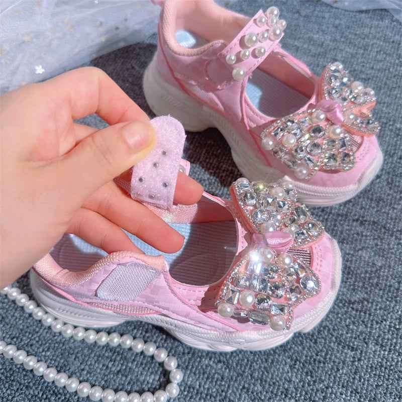 Girls Mesh Hollow Sneakers Pearl Bow Pink Shoes – marryshe