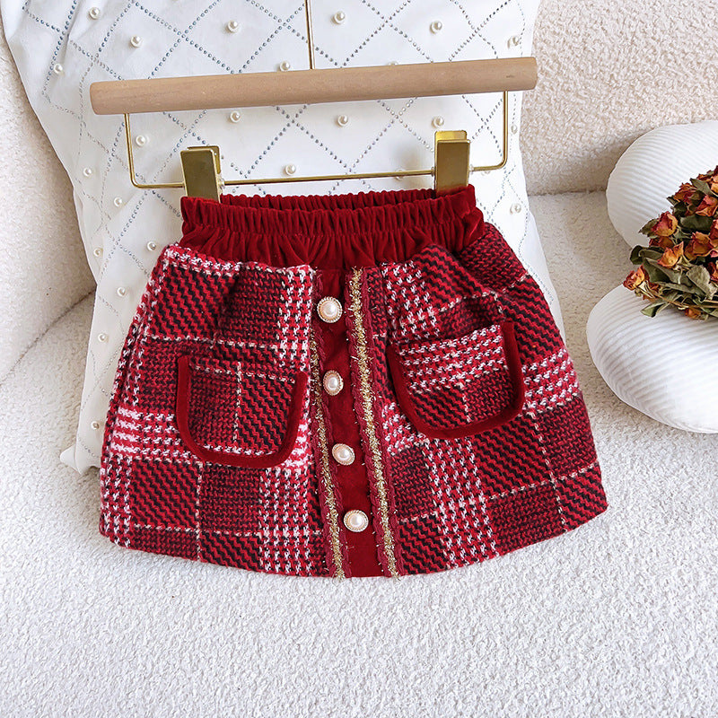 Girls' New Winter Tweed Jacket and Skirt Two-piece Suit