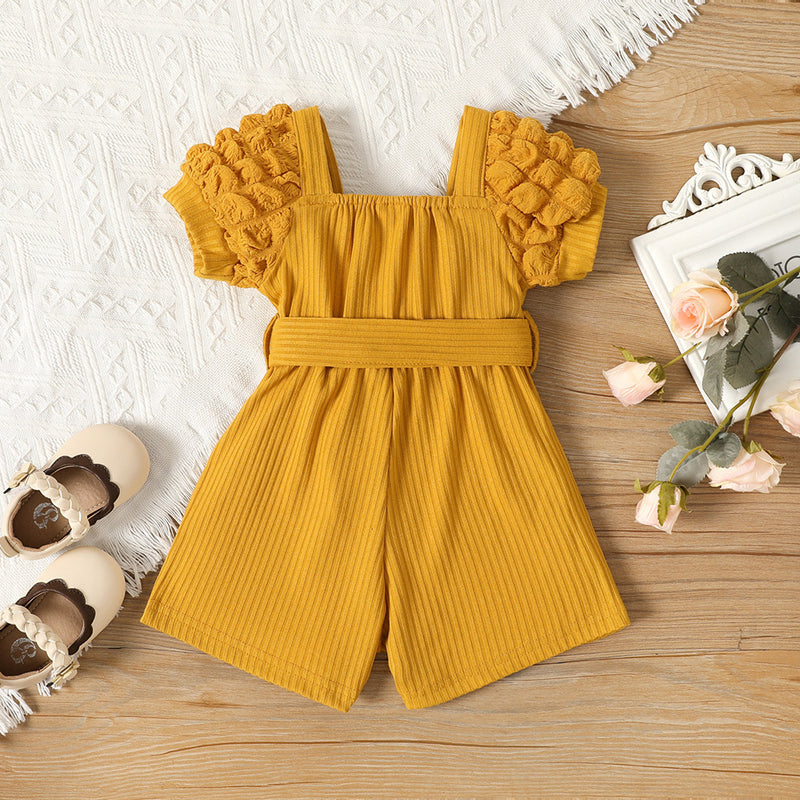 Baby Summer Square Neck Puff Sleeve Belt Jumpsuit Shorts