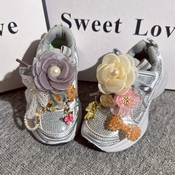 Girls' New Heavy-duty Flower Silver Sports Shoes