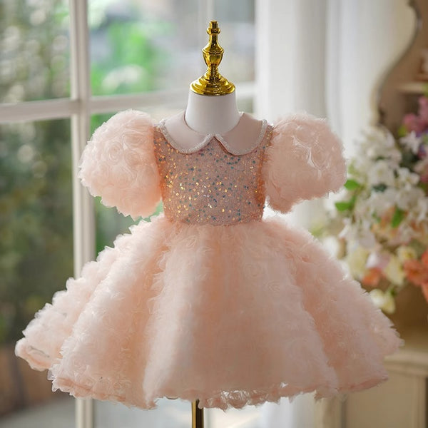 Cute Girls Dress Pink Doll Collar Mesh Puff Dress Toddler Flower Girl Dress