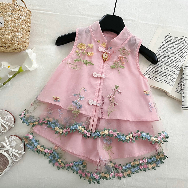 Girls Summer Thin Sleeveless Embroidered Top Shorts Two-piece Set
