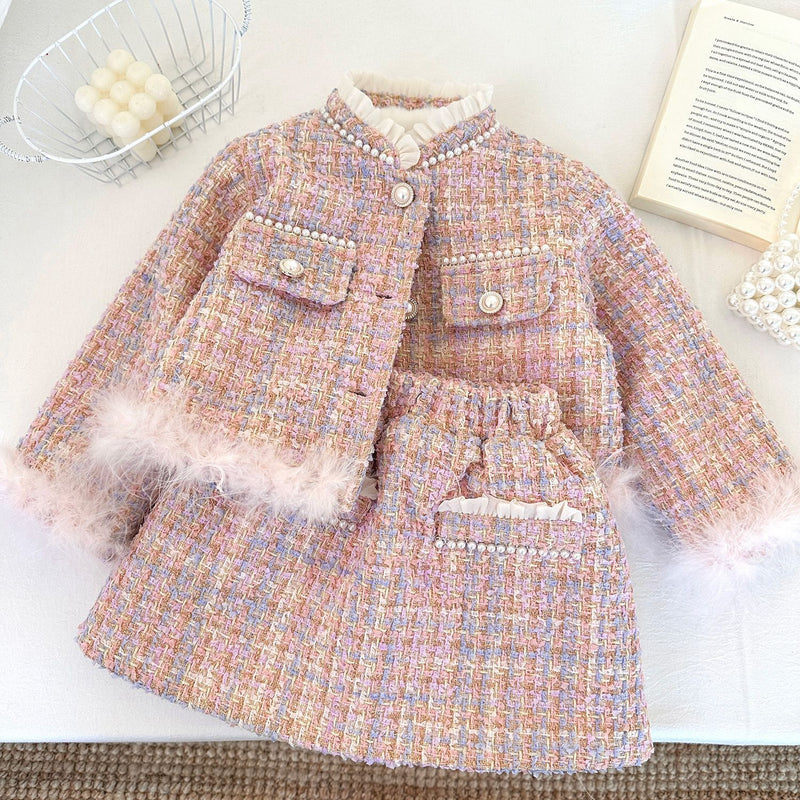 Girls New Winter Warm Coat and Skirt Two-piece Set