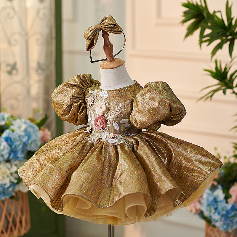 Cute Baby Girl Sequins Embroidery Dress Toddler Beauty Pageant Birthday Princess Dress, Gold / 5-6 Years (130cm)