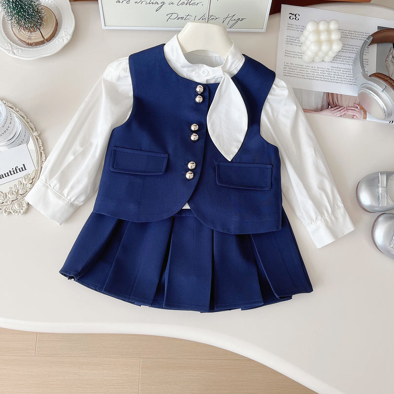 Girls' Cute New Vest Shirt Pleated Skirt Three-piece Set