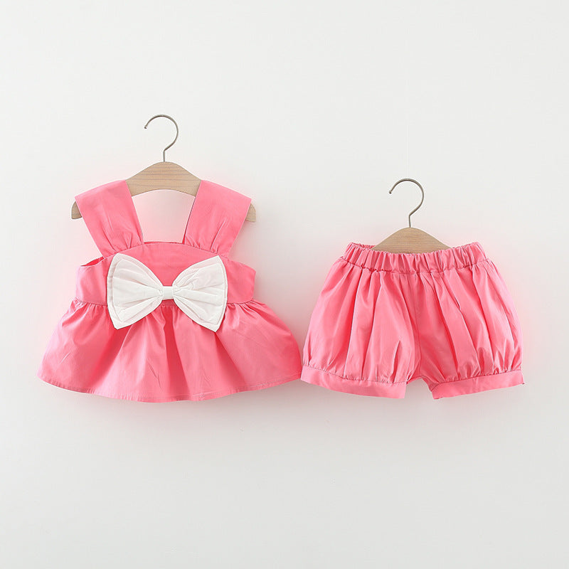 Summer New Girls Bow Solid Color Suspender Shorts Two-piece Set