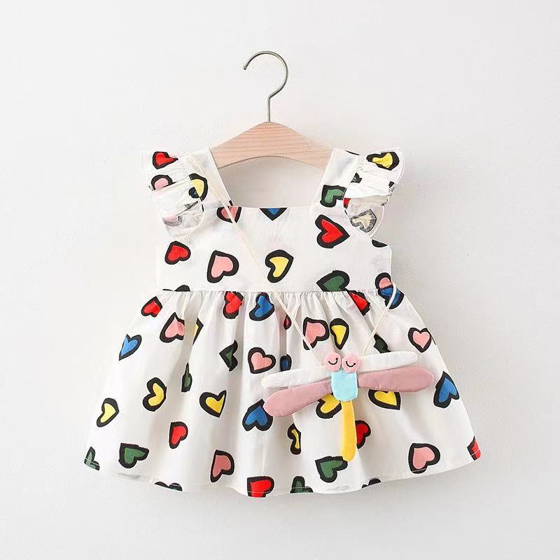 Baby Girl Love Print Cute Dress with Dragonfly Bag Set