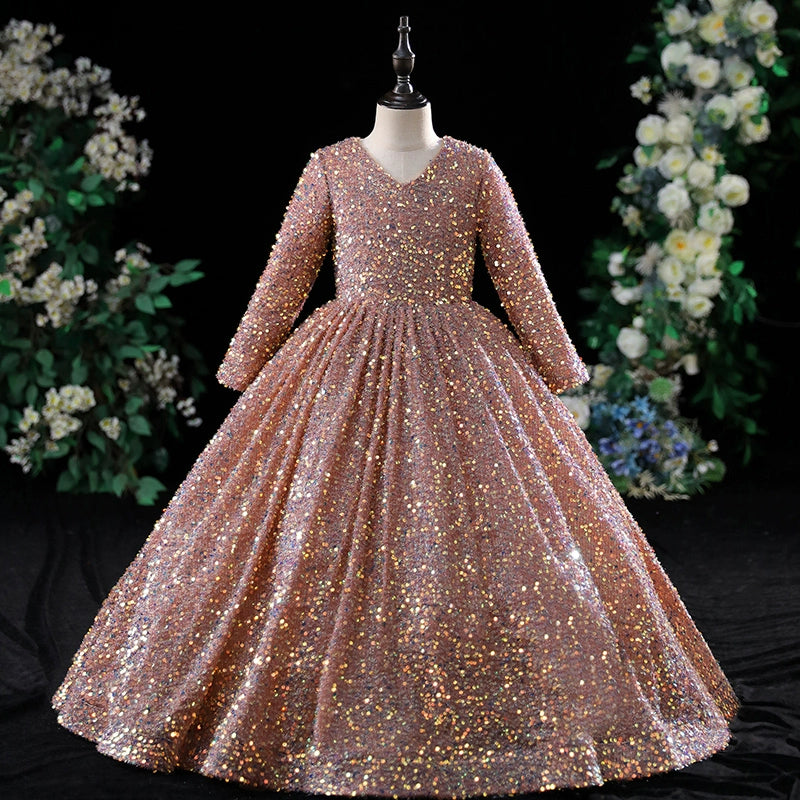 Elegant Baby Girl Long Sleeve Sequined Puff Princess Dress Toddler Pageant Dress