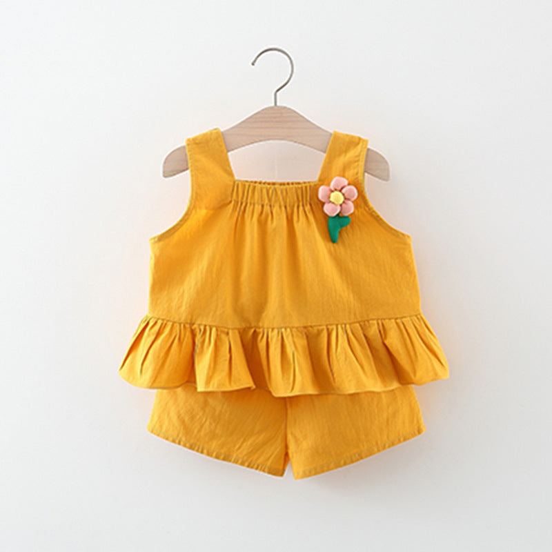 Summer Girls Solid Color Suspender Shorts Two Piece Set