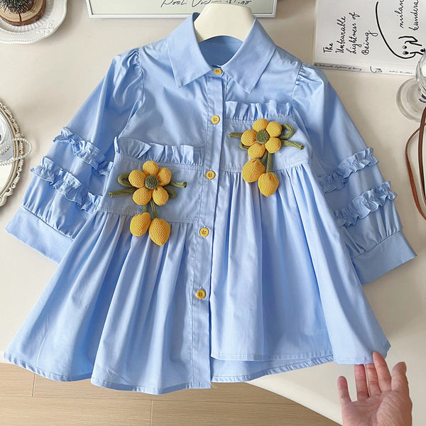Girls' Sunflower Irregular Long-sleeved Shirt Dress