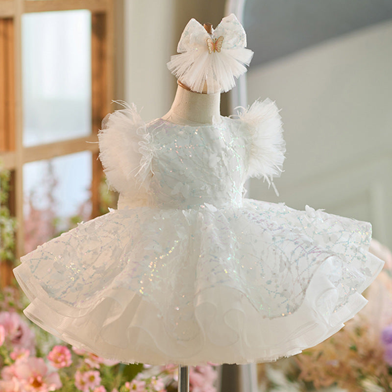 Girls Birthday White Butterfly Dress Girls Sequined Puffy Princess Dress Girls Birthday White Butterfly Dress Girls Sequined Puffy Princess Dress
