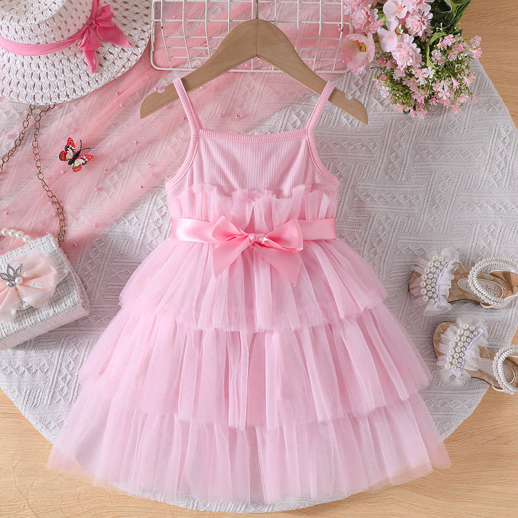 Summer New Girls Pink Suspender Princess Dress