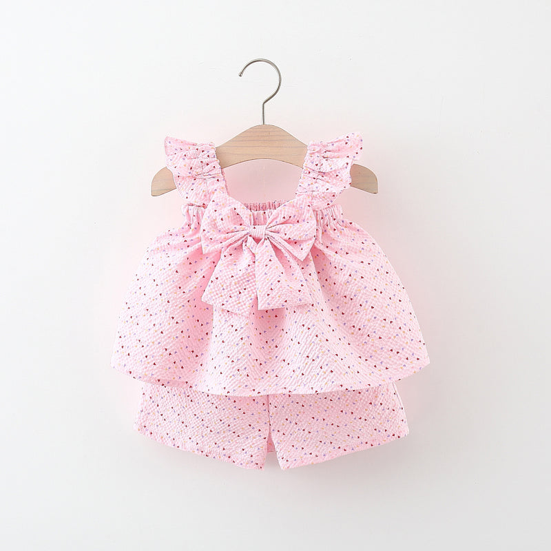 Baby Girls Cute Suit Girls Flying Sleeve Bowknot Dress Shorts Two-piece Suit