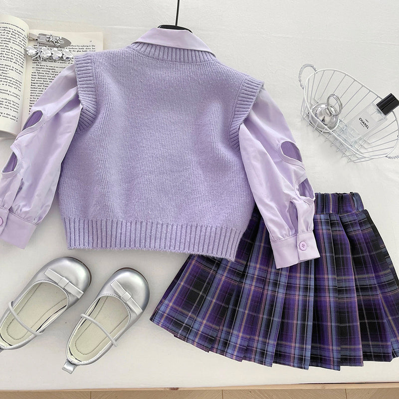 Girls' Knitted Vest Shirt and Plaid Skirt Three-piece Set