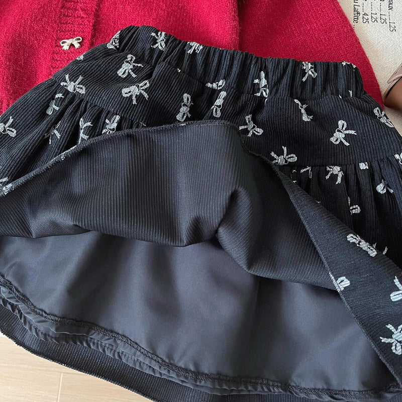 Girls' Knitted Sweater Cardigan Bow Skirt Two-piece Set