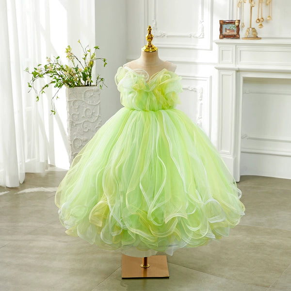Elegant Baby Green Mesh Puffy Princess Dress Toddler Girls Sleeveless Ball Gowns