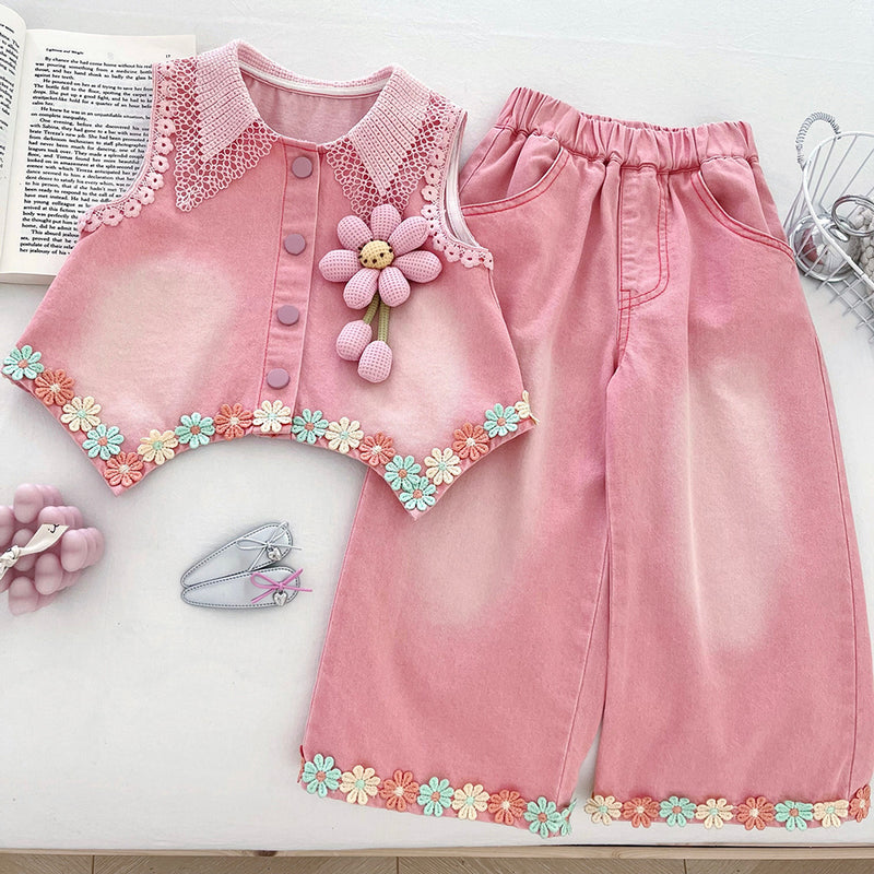 New Autumn Girls' Denim Vest Bottoming Shirt and Trousers Three-piece Set
