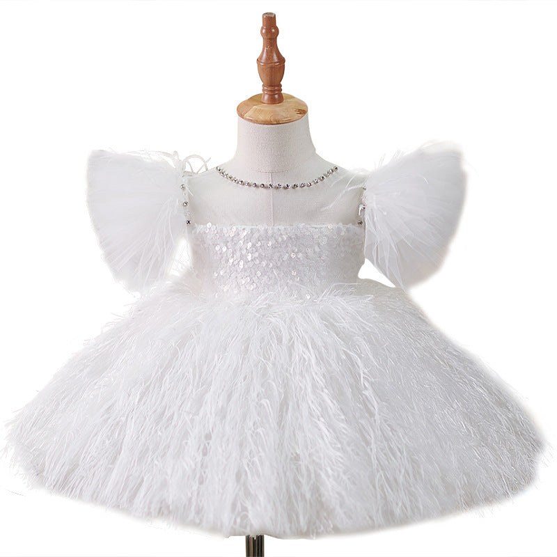 Baby Girl Formal Feather Dress Girl White Fluffy Prom Communion Princess Dress