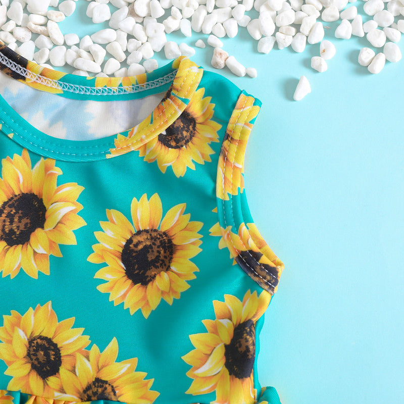 Girls Sunflower Print Ruffled Swimsuit Two-Piece Set