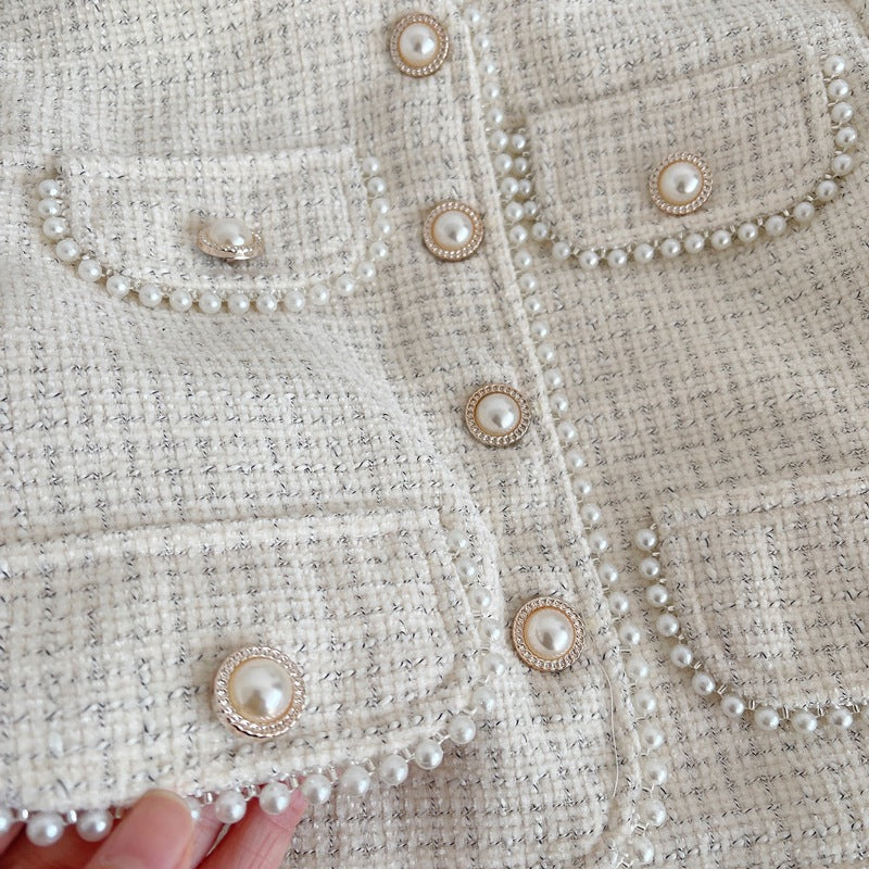 Girls' New Apricot Jacket and Pleated Skirt Two-piece Set