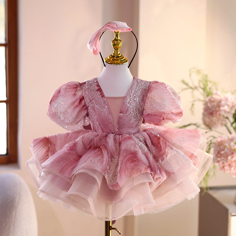 Girls Birthday Pink Dress Flower Girl Wedding Princess Dress