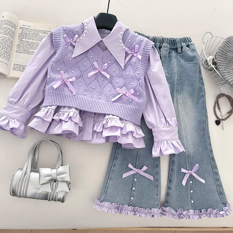 Girls' Autumn Knitted Vest Top and Flared Jeans Three-Piece Set
