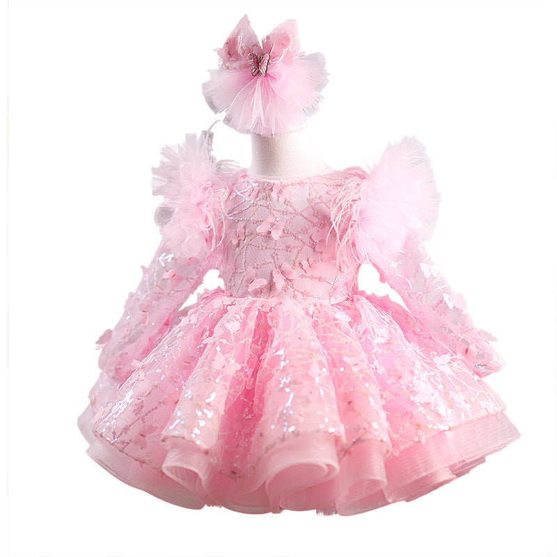 New Girls Pink Birthday Dress Flower Girl Cute Princess Dress