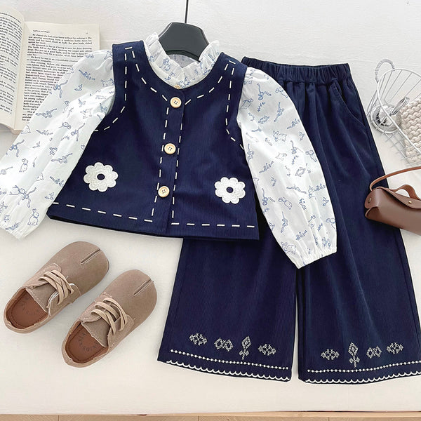 Girls' Embroidered Vest Shirt and Wide-leg Pants Three-piece Set