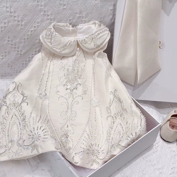 Girls White Sequin Dress Children's Birthday Dress Girls Baby Collar Dress