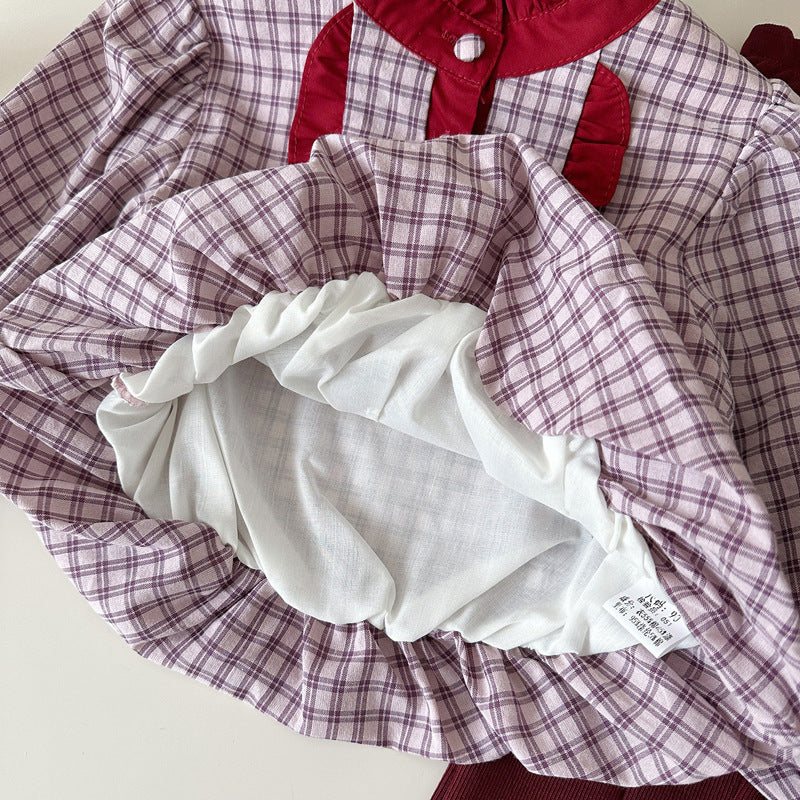 Girls' Stand Collar Plaid Babydoll Shirt and Flared Pants Two-Piece Set
