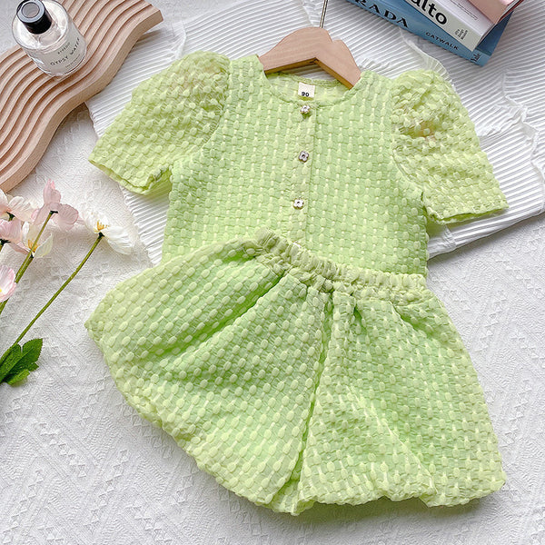 Cute Girls Green Checkered Top and Skirt Two-piece Set