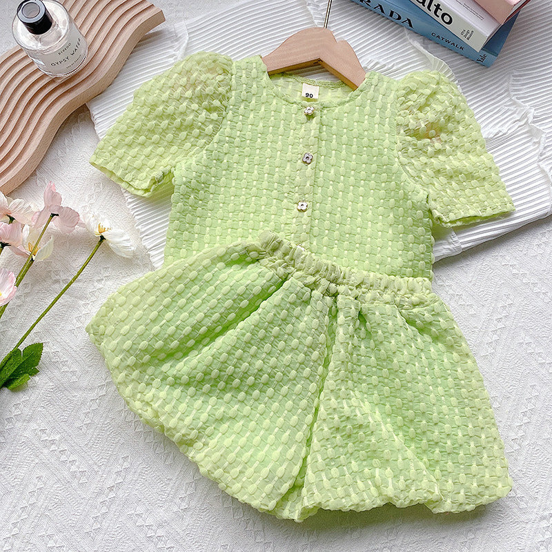 Cute Girls Green Checkered Top and Skirt Two-piece Set