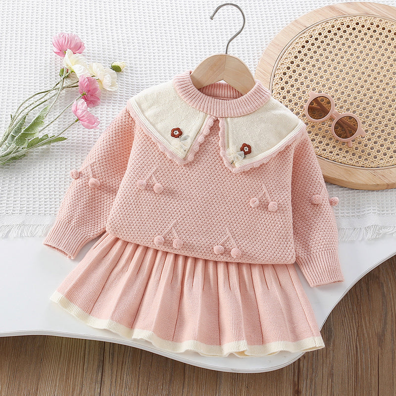 Girls' 3D Ball Flower Knitted Pullover and Short Skirt Two-Piece Set
