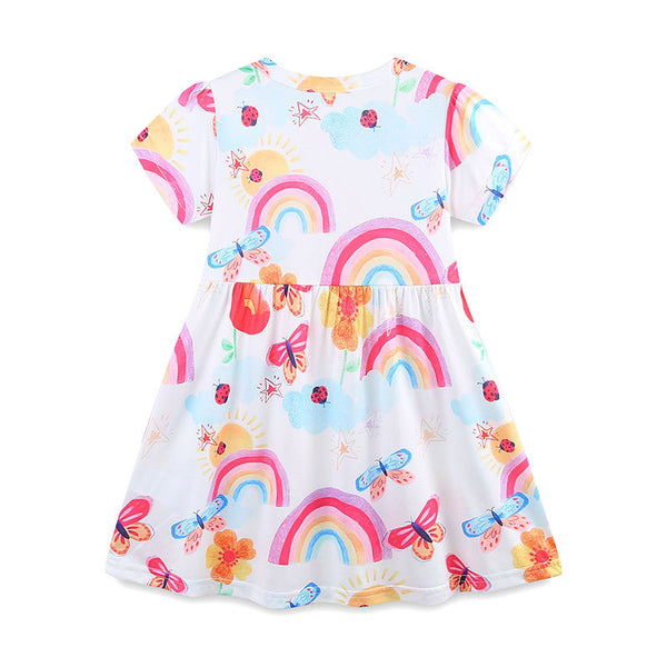 Summer New Girls Cartoon Print Round Neck Short Sleeve Dress