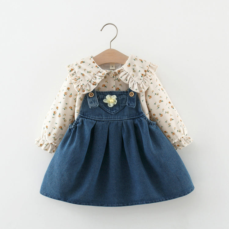 Cute Girls Autumn Denim Fake Two Piece Princess Dress