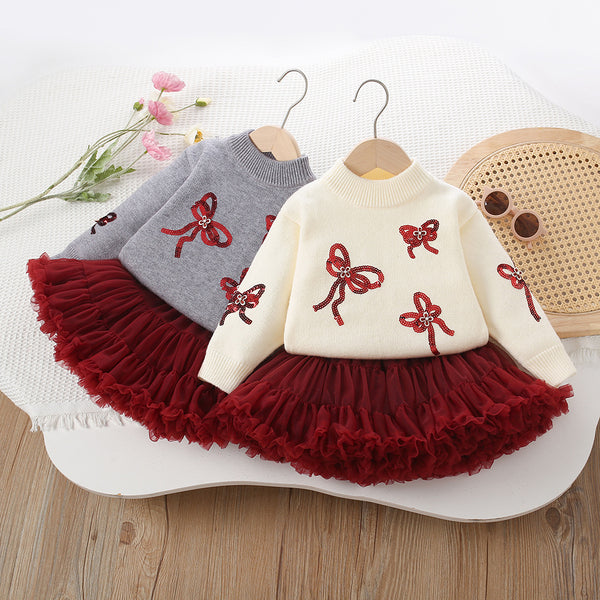 Girls' Sequin Bow Knitted Pullover Tutu Skirt Two-Piece Set