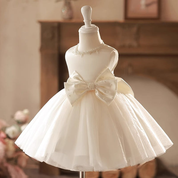 Cute Baby Girl White Sleeveless Large Bow Christening Tutu Girl Toddler Ball Gowns