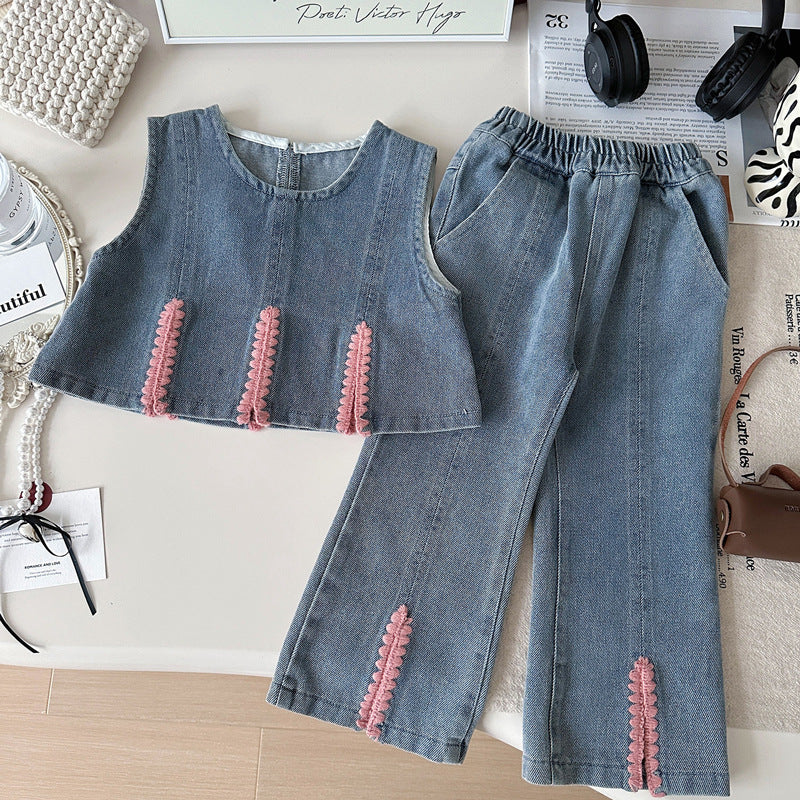 Girls Spring Vest Shirt Denim Wide-Leg Pants Three-Piece Set