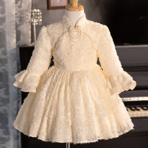 Baby Girl Birthday Long Sleeve Dress Girl Champagne Puffy Princess Dress
