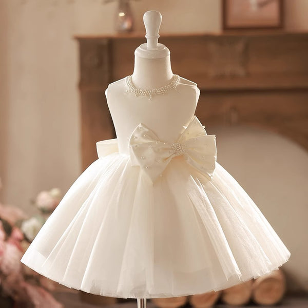 Cute Baby Girl White Sleeveless Large Bow Christening Tutu Girl Toddler Ball Gowns