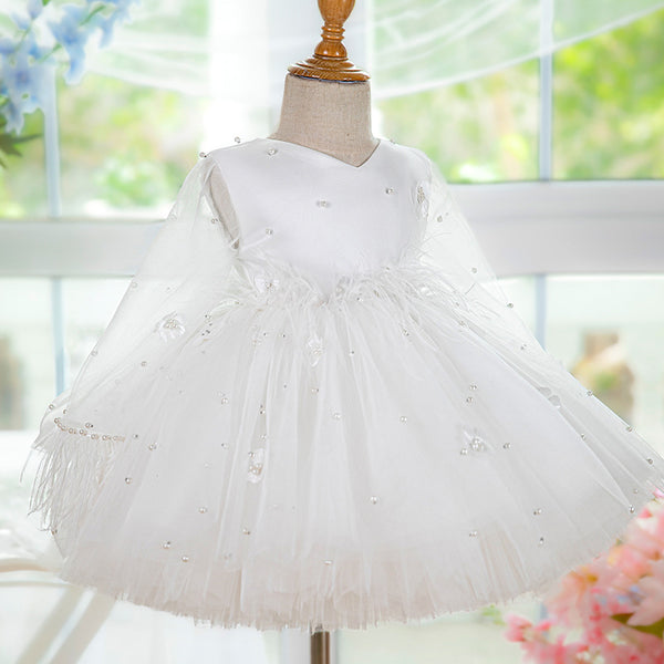 Elegant Baby White Mesh First Communion Dress Toddler Christening Dress