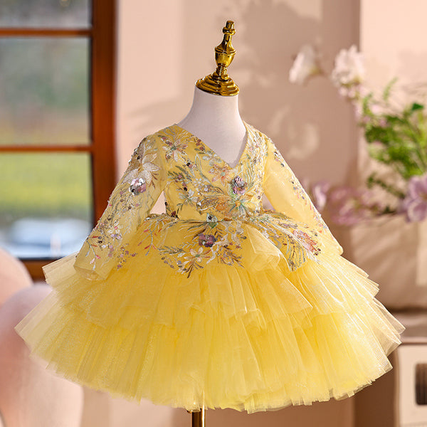 Children's Yellow Party Dress Girls Birthday Puffy Princess Dress