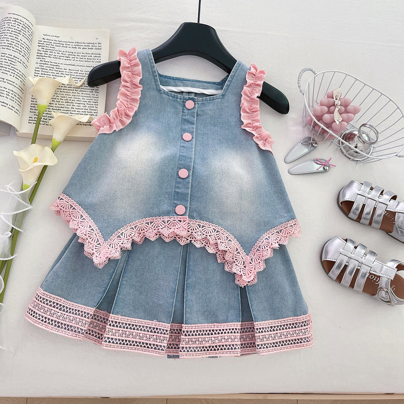 Girls' New Summer Lace Sleeveless Top Skirt Denim Two-piece Suit