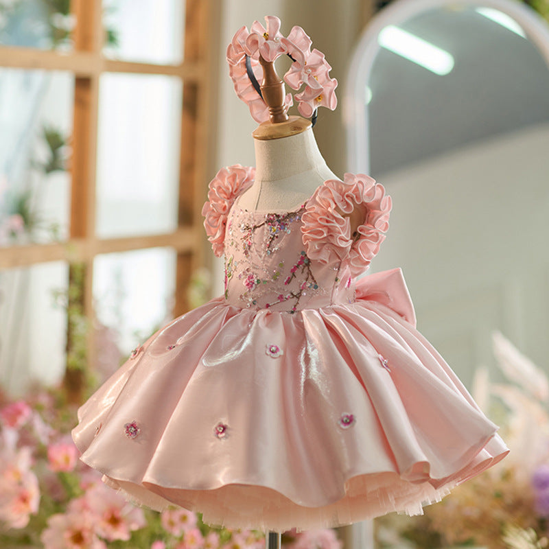 Elegant Baby Girl Sequin Embroidery Dress Toddler Birthday Pageant Princess Dress, Pink / 0-1 Year (80cm)