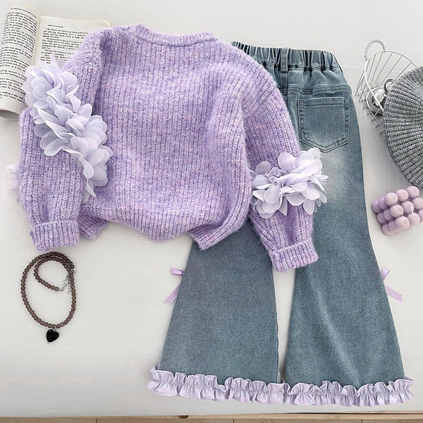 Girls' 3D Flower Beaded Sweater and Flared Jeans Two-Piece Set