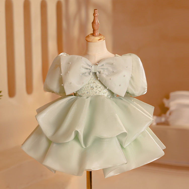 Elegant Baby Girls Green Puff Sleeve Beauty Pageant Dress Toddler Birthday Costume Princess Dress